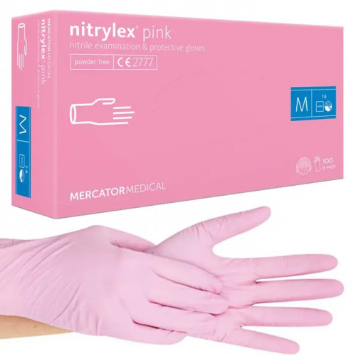 Рукавички нітрилові Mercator Nitrylex Pink неопудренні M (100 шт/пач), рожеві , фото 1