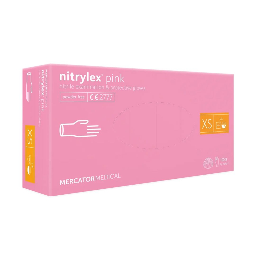 Перчатки нитриловые Mercator Nitrylex Pink неопудренные XS (100 шт/пач), розовые , фото 1