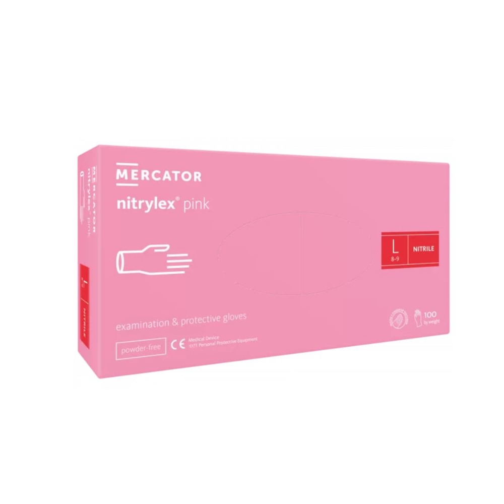 Перчатки нитриловые Mercator Nitrylex Pink неопудренные L (100 шт/пач), розовые , фото 1