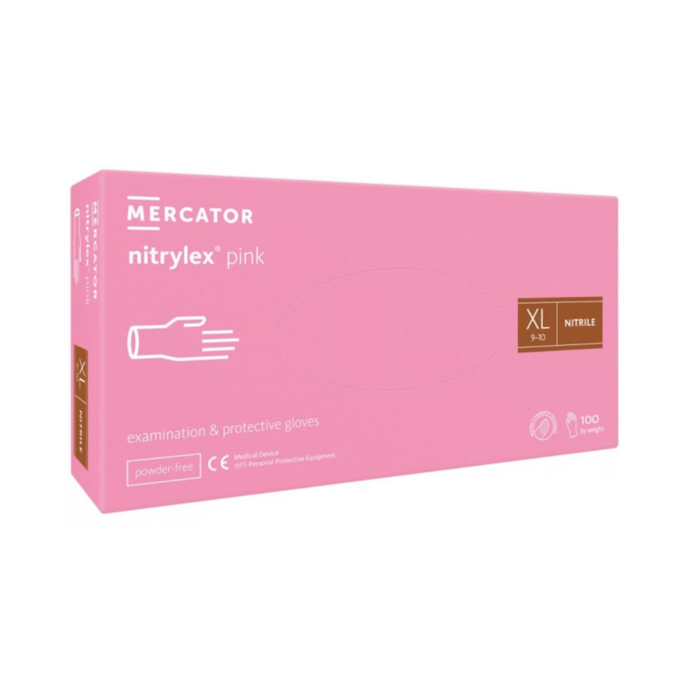 Рукавички нітрилові Mercator Nitrylex Pink неопудренні XL (100 шт/пач), рожеві , фото 1