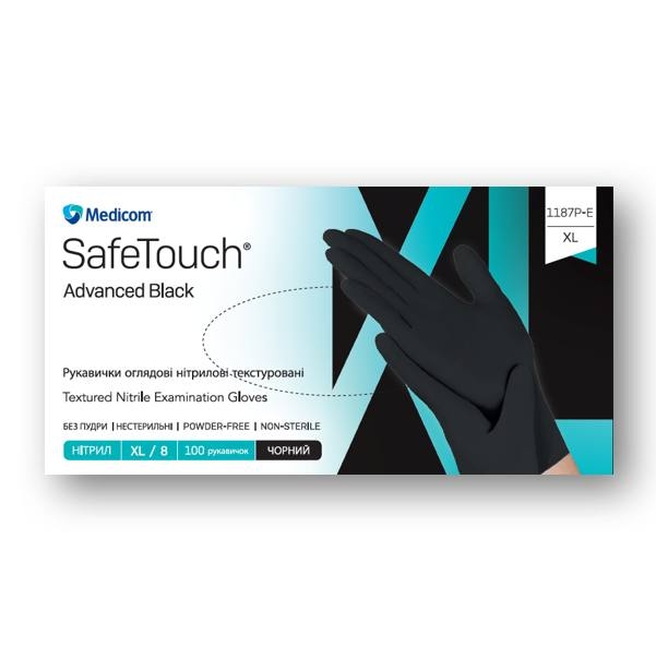 Перчатки нитриловые текстурированные Medicom SafeTouch Advanced Black XL (100 шт/пач), черные , фото 1