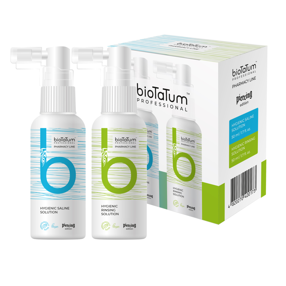 Набір розчинів догляду за пірсингом BioTaTum Hygienic Saline Solution, Hygienic Rinsing Solution, 2 х 50 мл , фото 1