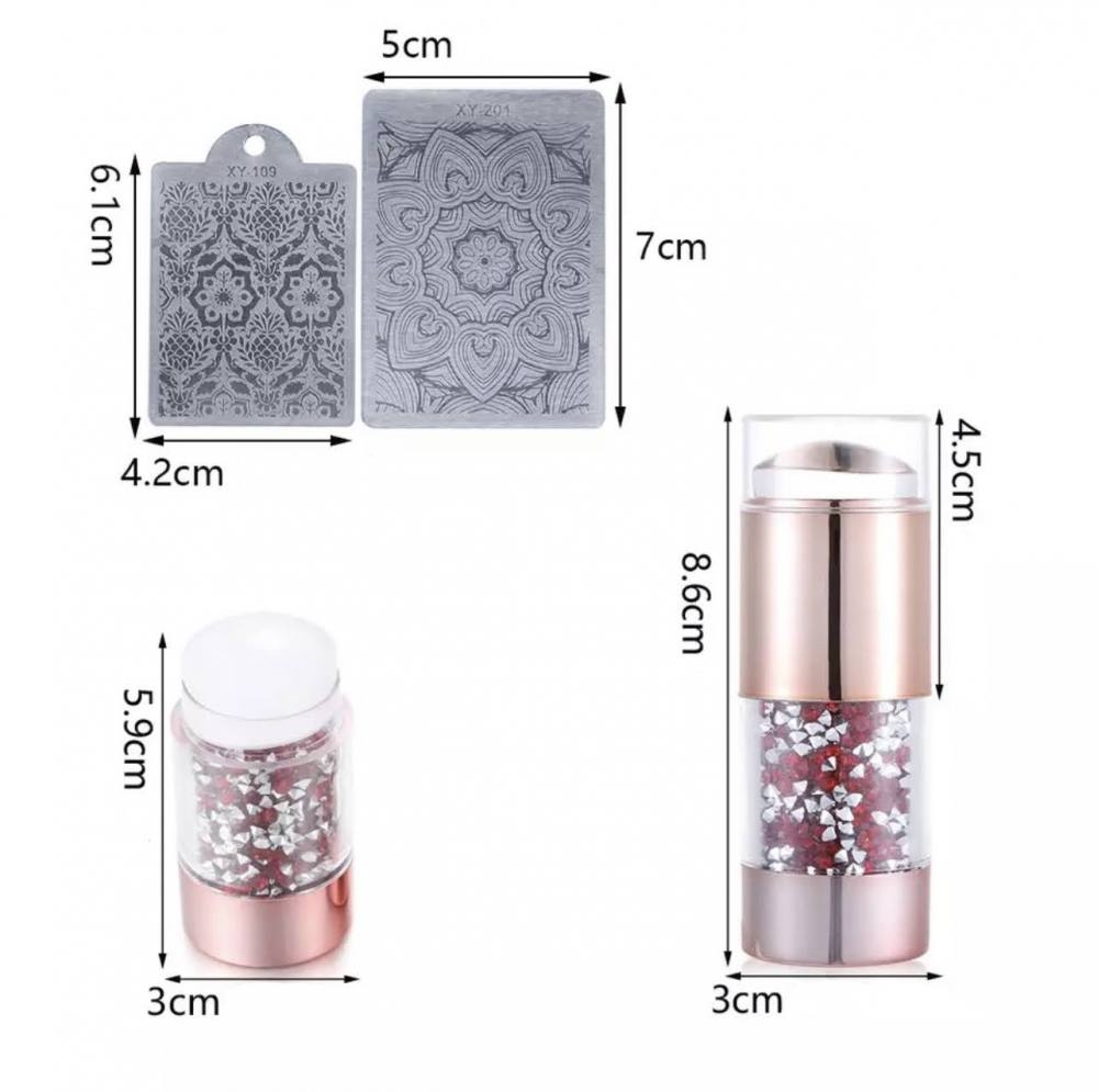 Печатка для стемпінгу з каміцями (червоні + срібло) та 2 скрапера, прозора , фото 1