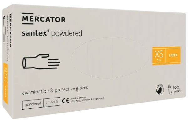 Рукавички латексні Mercator Santex Powdered опудрені XS (100шт/пач), білі , фото 1